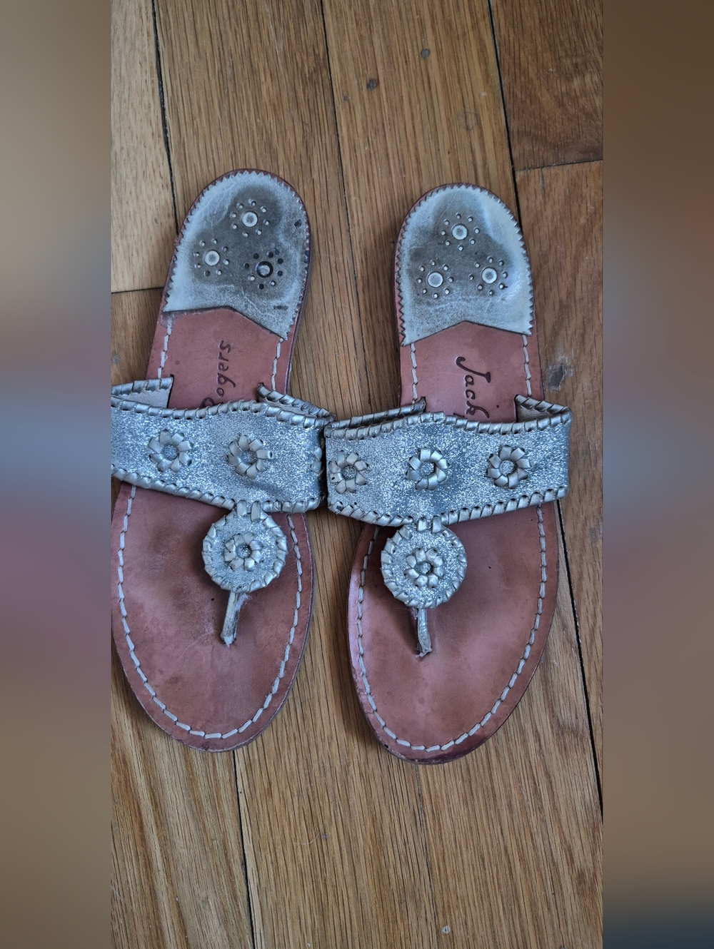 Jack Rogers Silver Leather Floral Medallion Sandals